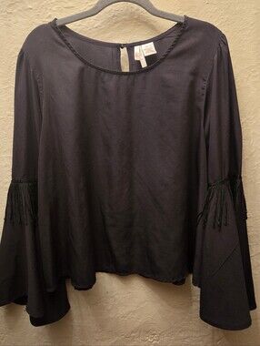Black Fringe Bell Sleeve Blouse XL Boho Goth